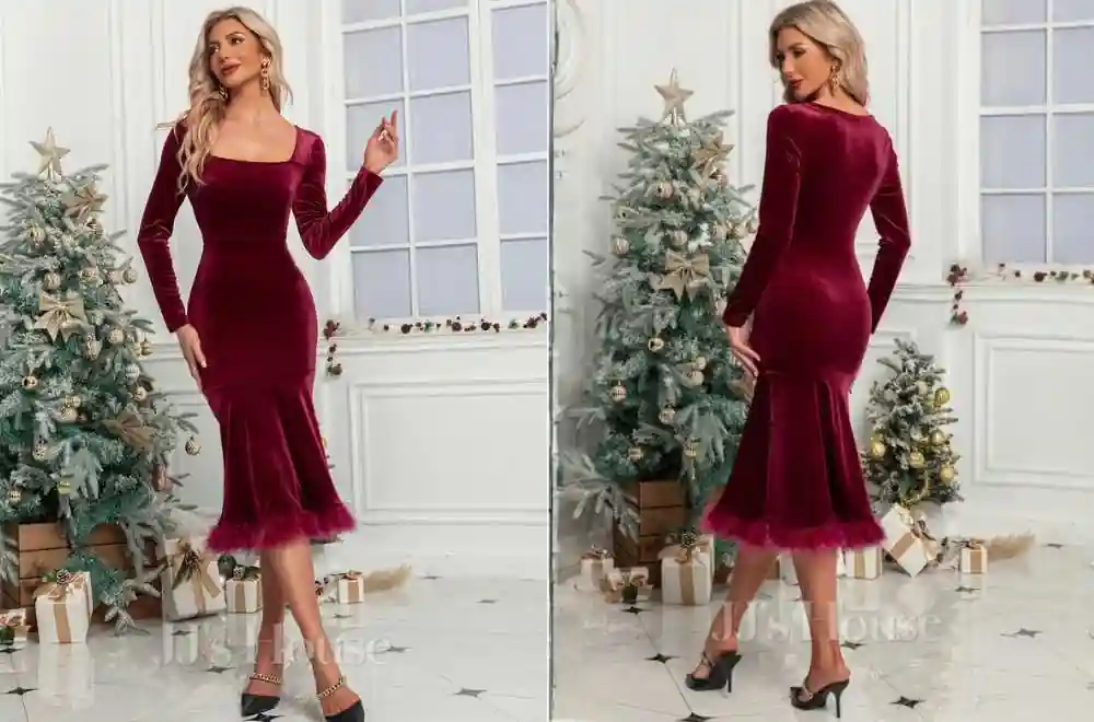 faux-feather-square-long-sleeve-trumpet-mermaid-velvet-midi-dress